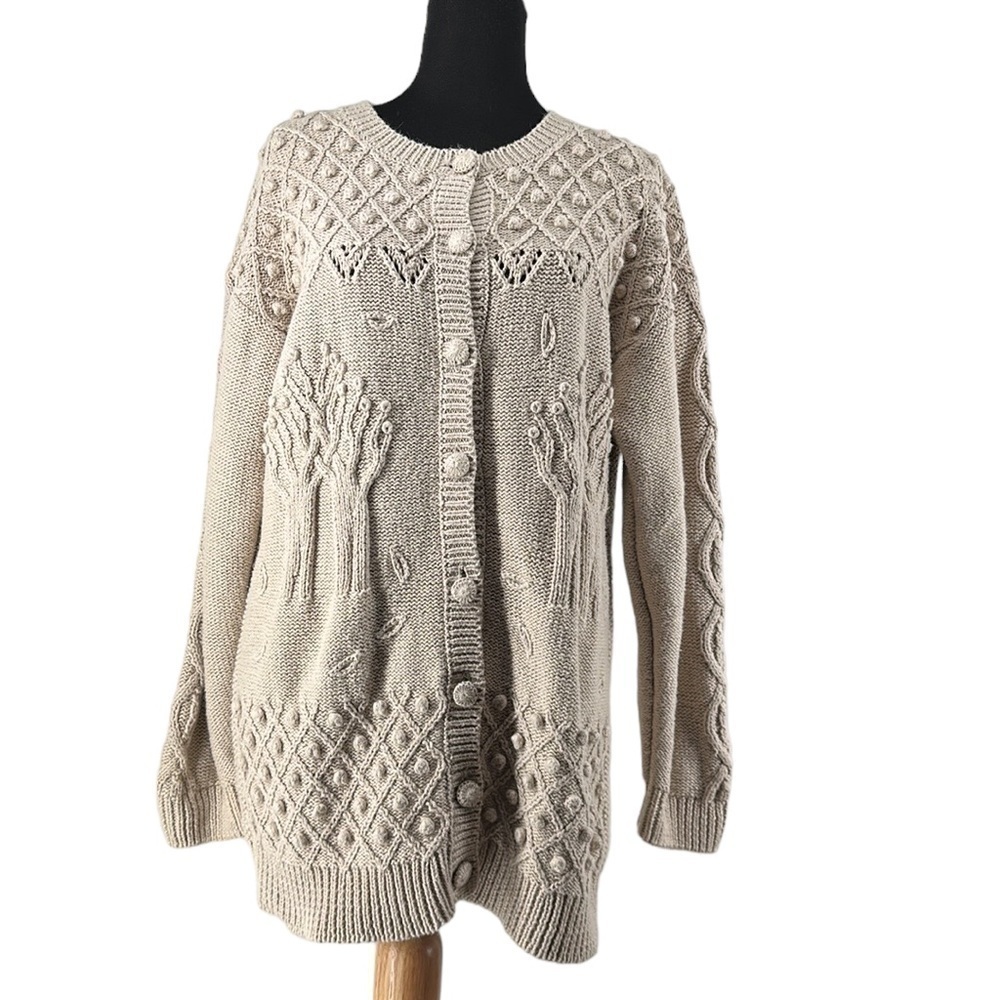 Act Handknit cardigan sweater all natural fisherman sweater bobbles beige sz M